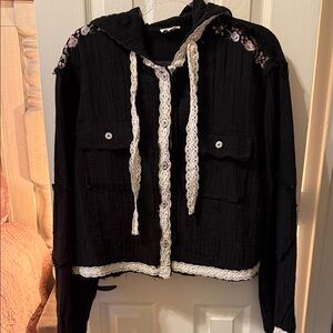 POL Black Jacket with White Lace Trim and Floral Embroidery